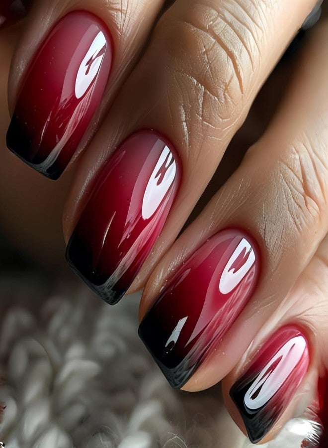 OCOUYVD Short Square Press on Nails Gradient Red French Tip Fake Nails with Designs Artificial Nail Reusable Full Cover False Nails Tips Kit Stick on Nail for Women Nail Art Manicure 24 Pcs - Image 1
